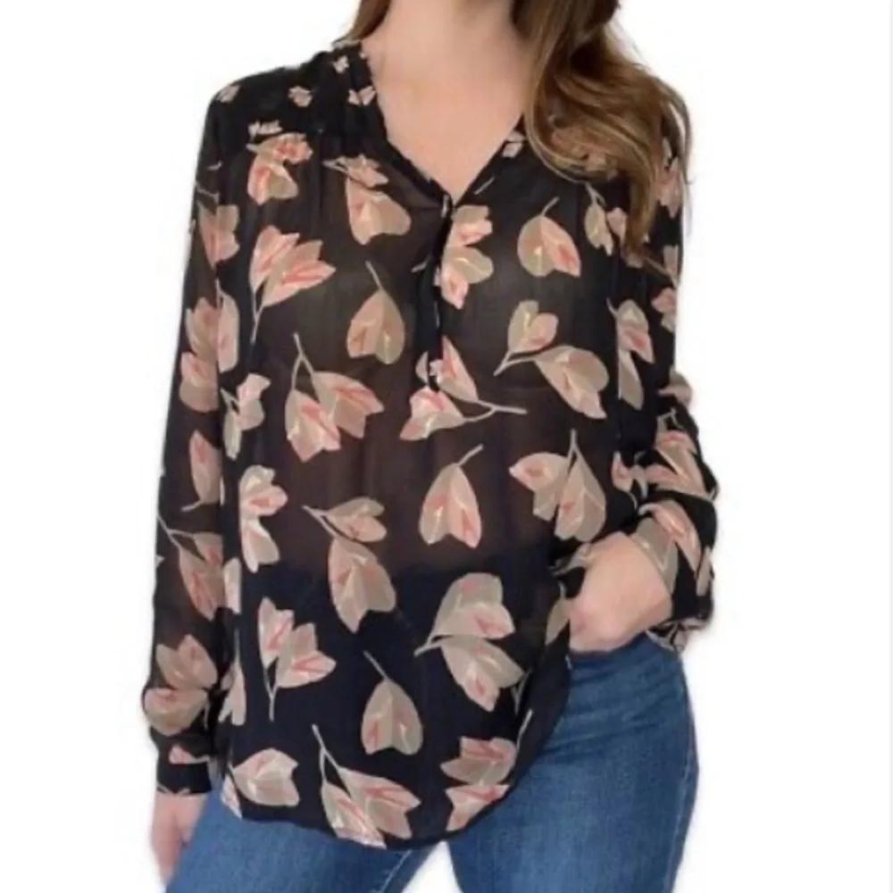 LUCKY Brand Black Leaf floral print semi-sheer Top blouse large
